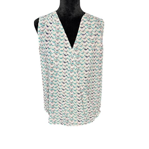 CAbi Women's Size Large Blouse Tweet Birds Faux Wrap Sheer Blue Teal Style #342 - Picture 2 of 9